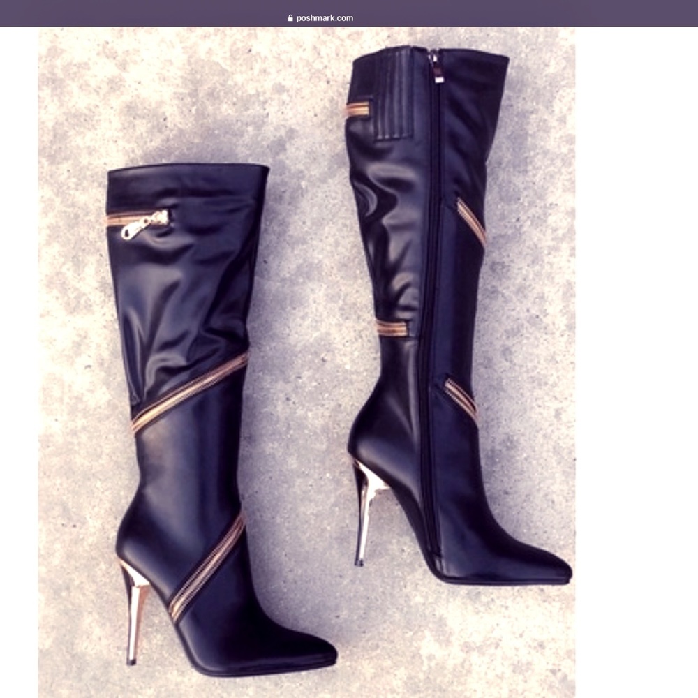 Knee high faux Party BOOT, Gold zipper, gold heel